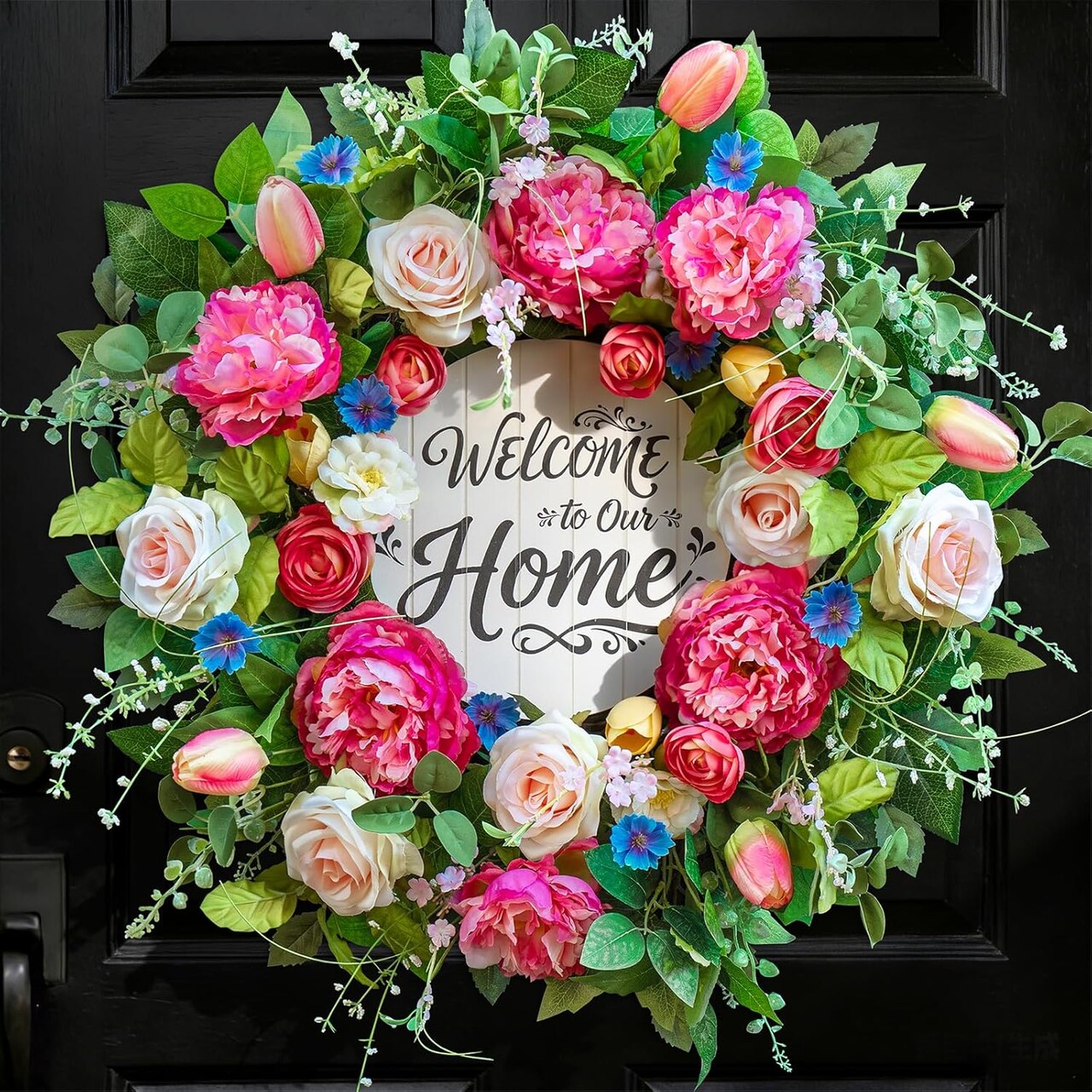 24-Inch Spring & Summer Wreath for Front Door – Artificial Peonies, Tulips, Roses & Garden Flowers with “Welcome” Wooden Sign for Indoor/Outdoor Home Décor